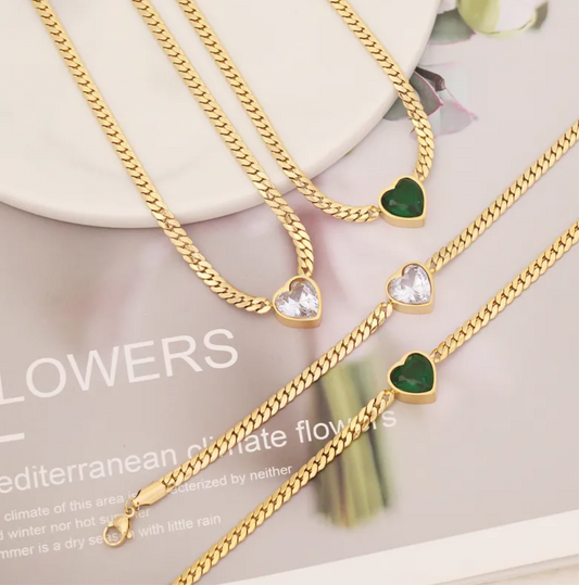 Fashionable heart-shaped zircon inlaid stainless steel necklace and bracelet
